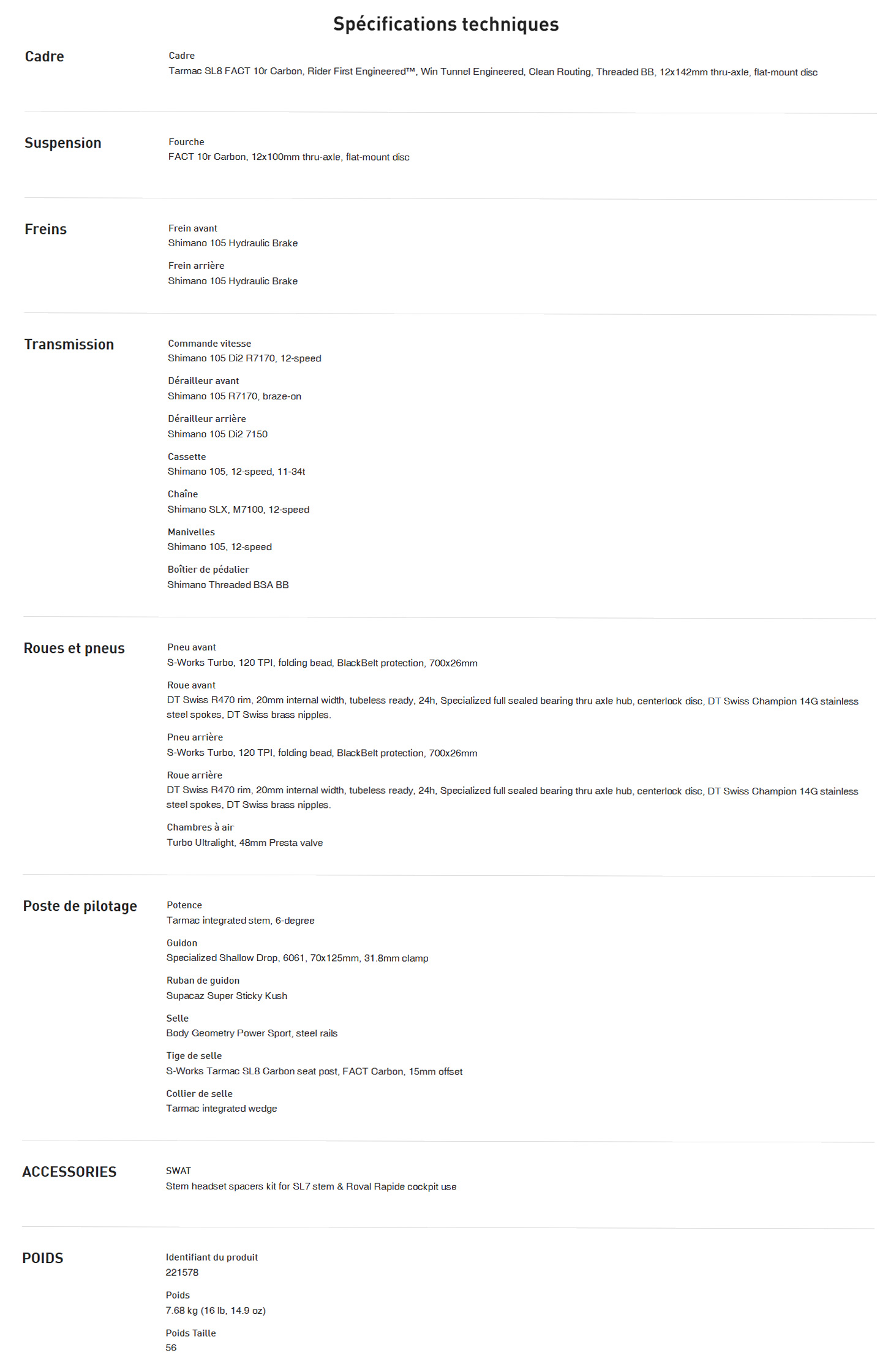 Caracteristique technique du vélo Tarmac SL8 Comp année 2026